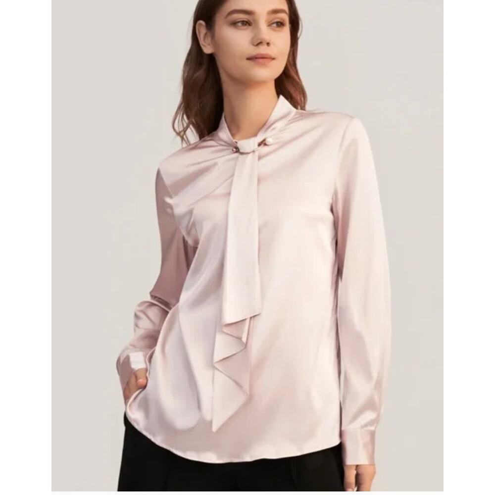 LILYSILK Women’s 90% Silk Blouse – Cream Pearl Accent Tie Neck Long Sleeve Top